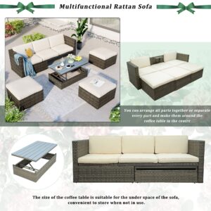 Merax U_Style Patio Furniture Sets, 5-Piece Patio Wicker Sofa with Adustable Backrest, Cushions, Ottomans and Lift Top Coffee Table