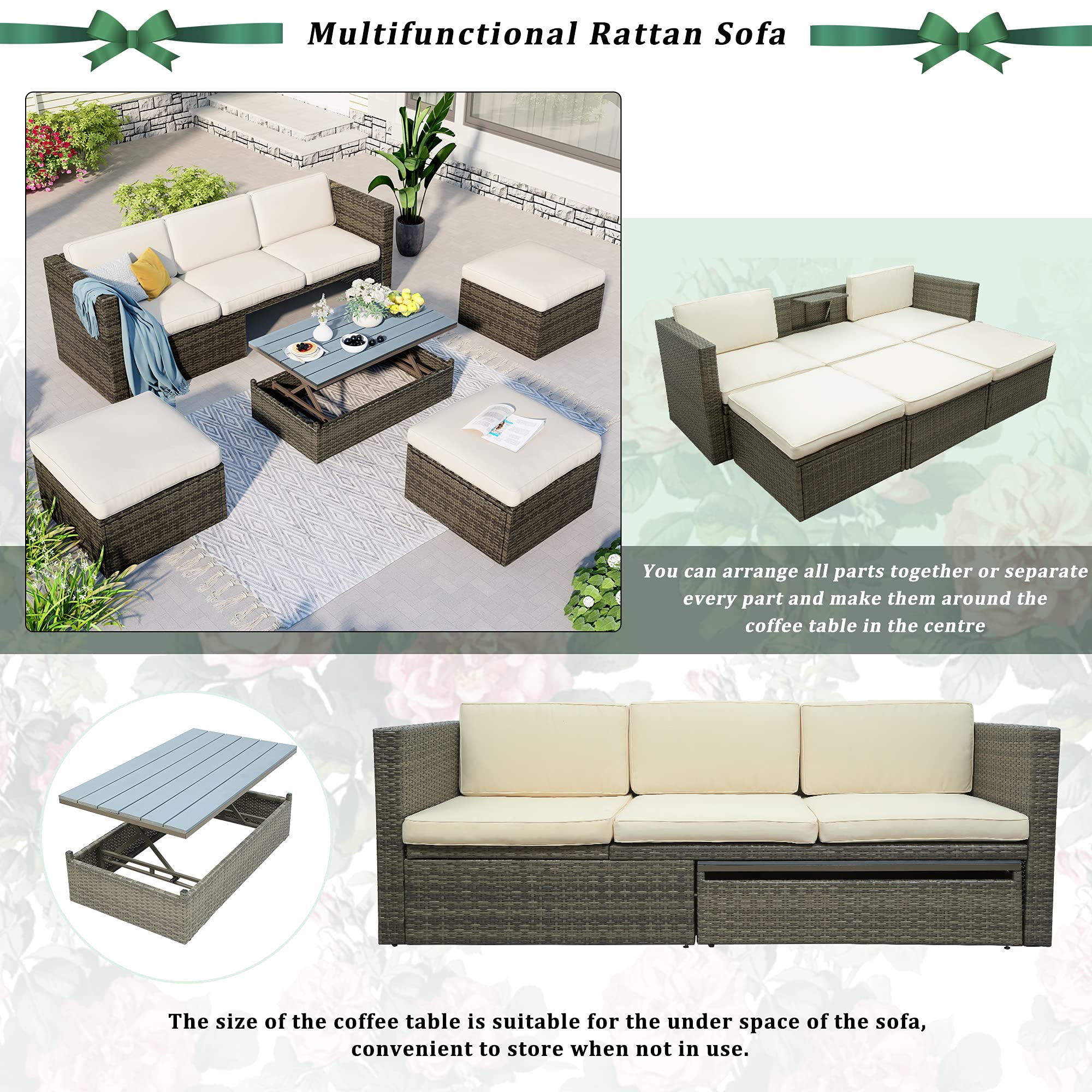 Merax U_Style Patio Furniture Sets, 5-Piece Patio Wicker Sofa with Adustable Backrest, Cushions, Ottomans and Lift Top Coffee Table