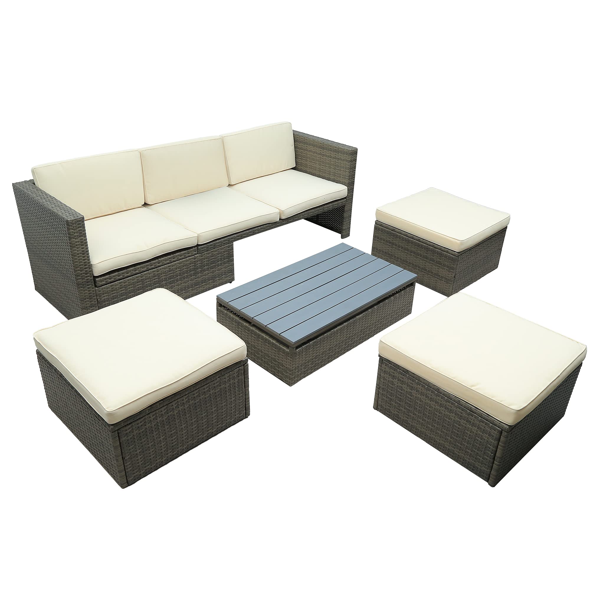 Merax U_Style Patio Furniture Sets, 5-Piece Patio Wicker Sofa with Adustable Backrest, Cushions, Ottomans and Lift Top Coffee Table