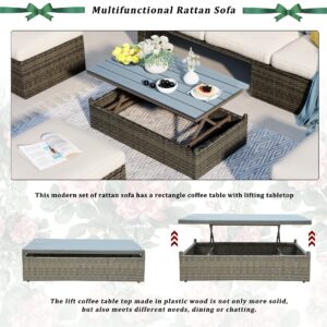 Merax U_Style Patio Furniture Sets, 5-Piece Patio Wicker Sofa with Adustable Backrest, Cushions, Ottomans and Lift Top Coffee Table