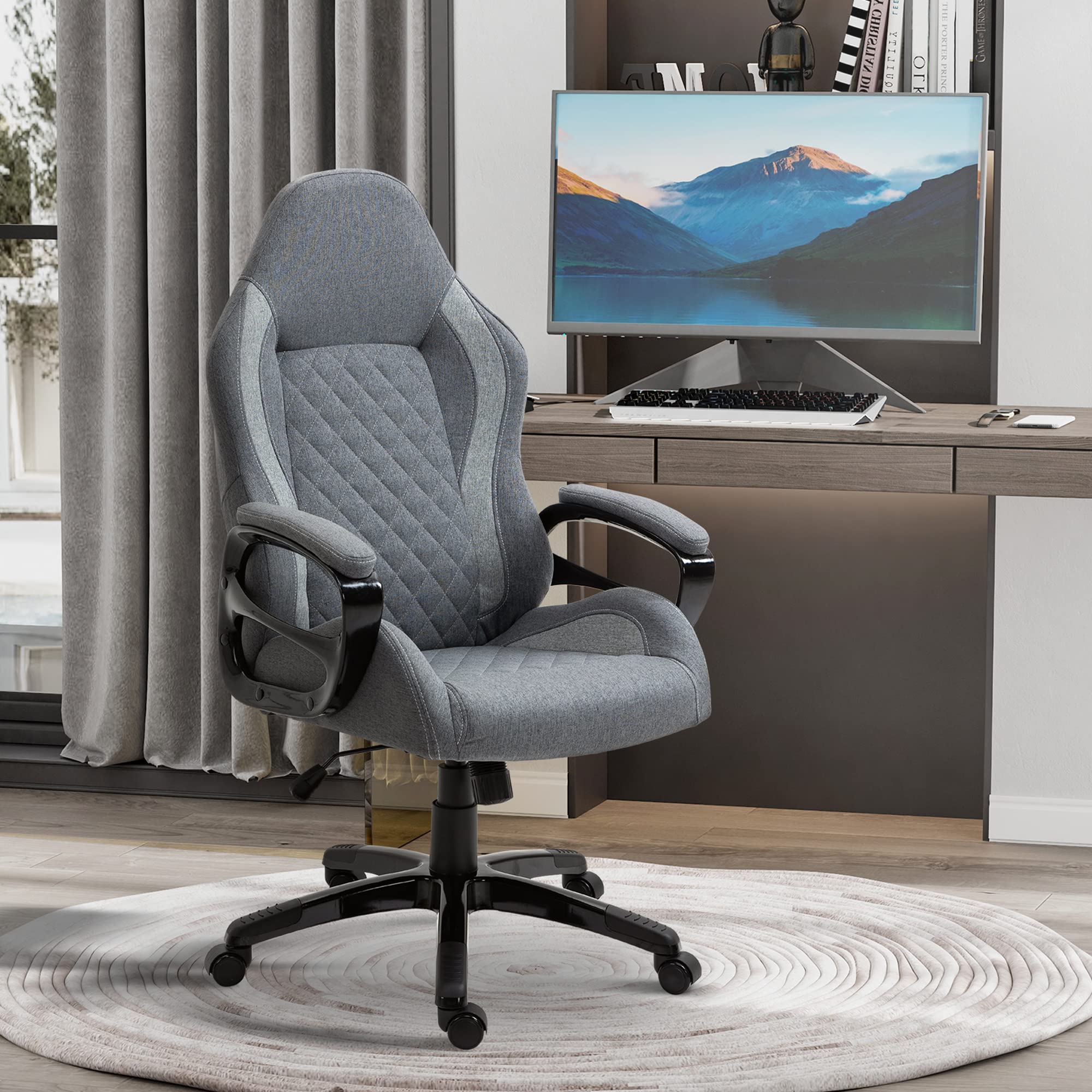 Vinsetto Ergonomic Home Office Chair High Back Task Computer Desk Chair with Padded Armrests, Linen Fabric, Swivel Wheels, and Adjustable Height, Grey