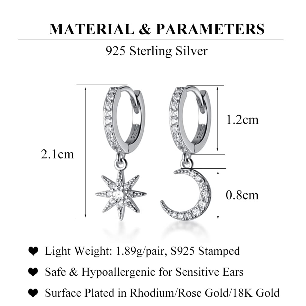 SLUYNZ 925 Sterling Silver Sparkling CZ Star Moon Small Hoop Earrings for Girls Women Asymmetric Star Moon Huggie Earrings (A-Silver)