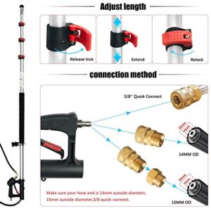 Buyplus Telescoping Pressure Washer Wand, 24 Feet Telescopic Lance with 2 Extension Wands, 1 adapters, 5 Spray Nozzle Tips and Support Belt, 4200 PSI Max Pressure