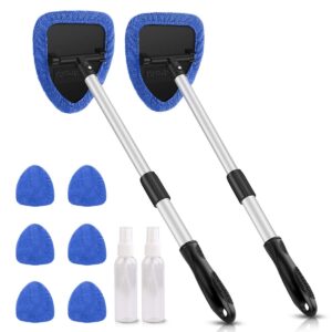 astroai windshield cleaning tool, car window cleaner windshield cleaner with 8 reusable and washable microfiber pads and extendable handle auto inside glass wiper kit, blue, 2 pack