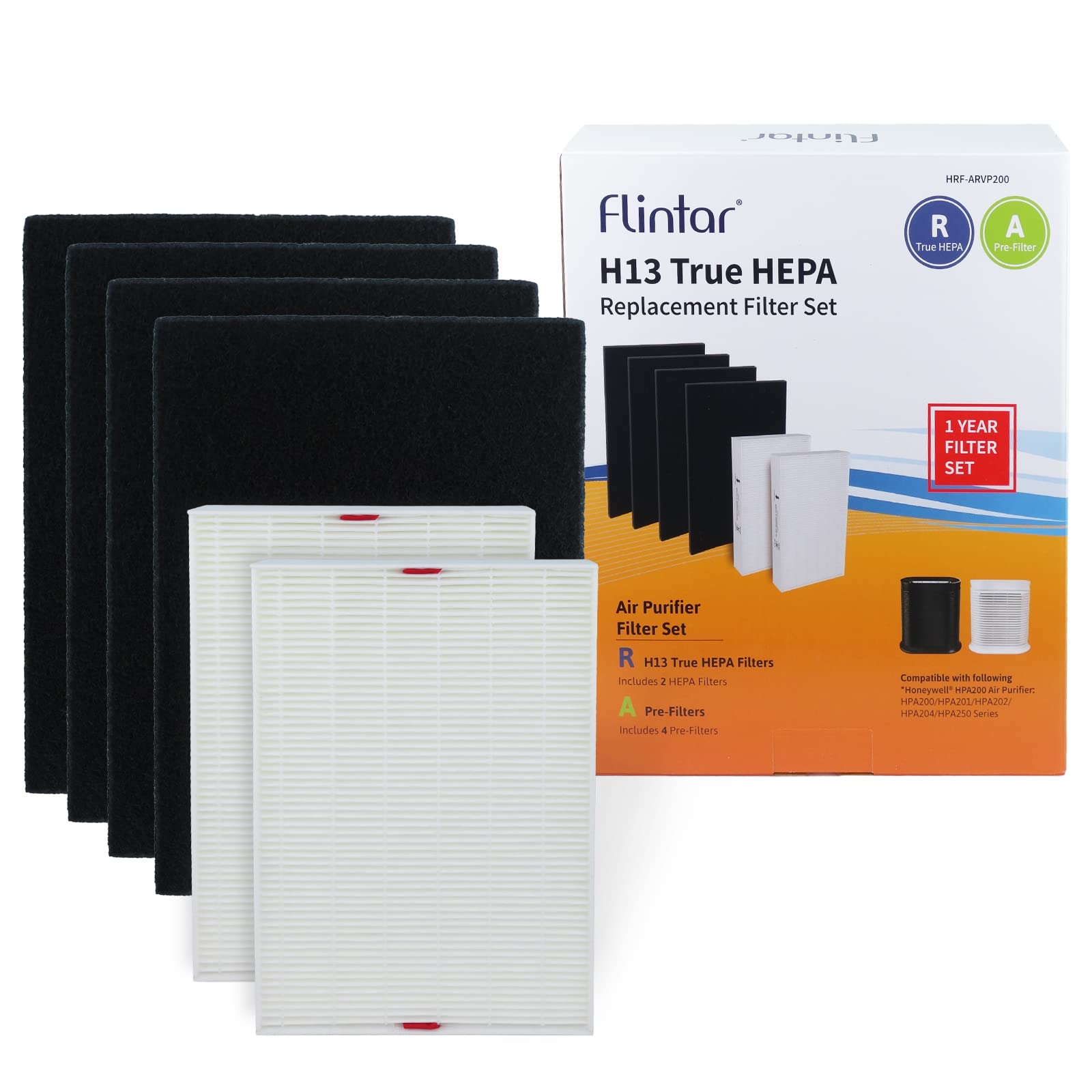 Flintar HPA200 H13 True HEPA Replacement Filter A/R Combo Pack, Compatible with Honeywell Air Purifier HPA200 Series, (2) H13 True HEPA Filter R + (4) Pre-Cut Activated Carbon Pre-Filter A