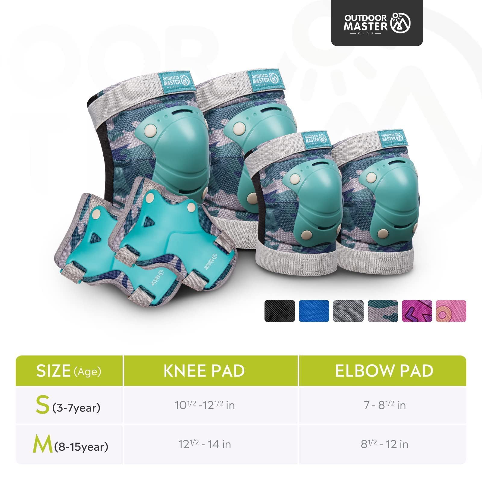 OutdoorMaster Kids/Youth Protective Gear - Knee Pads Elbow Pads Wrist Guard 6-in-1 Set for Bike, Roller Skating, Skateboard, Inline Skating, Hover Board,Penny Board - Aqua Squad - S