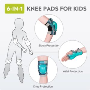 OutdoorMaster Kids/Youth Protective Gear - Knee Pads Elbow Pads Wrist Guard 6-in-1 Set for Bike, Roller Skating, Skateboard, Inline Skating, Hover Board,Penny Board - Aqua Squad - S