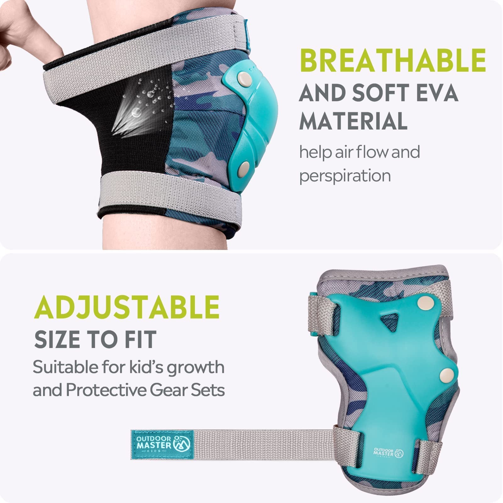 OutdoorMaster Kids/Youth Protective Gear - Knee Pads Elbow Pads Wrist Guard 6-in-1 Set for Bike, Roller Skating, Skateboard, Inline Skating, Hover Board,Penny Board - Aqua Squad - S