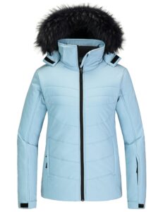 skieer women's ski jacket waterproof windproof snowboard coat with removable faux fur hood(blue,small)
