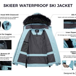 Skieer Women's Ski Jacket Waterproof Windproof Snowboard Coat with Removable Faux Fur Hood(Blue,Small)