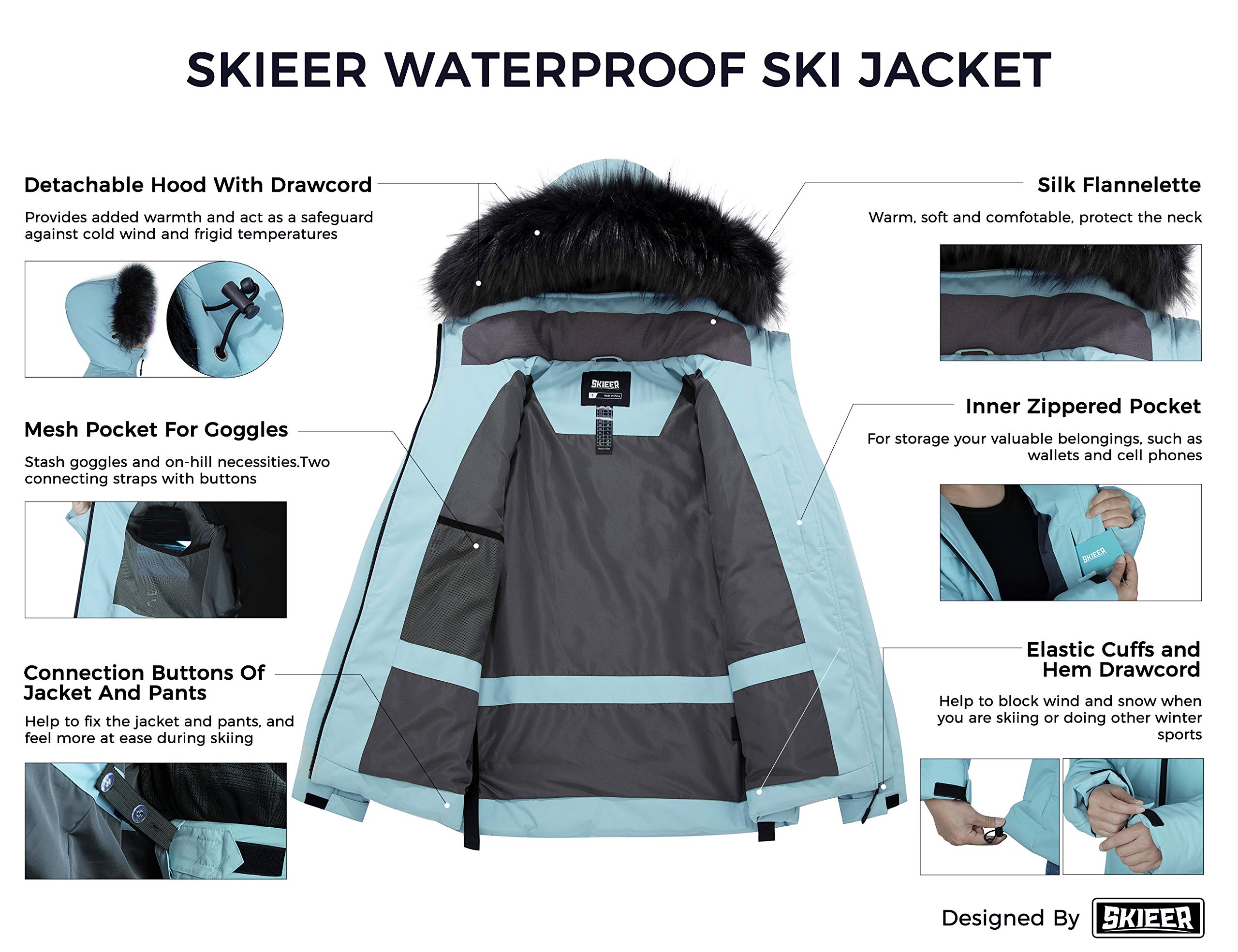 Skieer Women's Ski Jacket Waterproof Windproof Snowboard Coat with Removable Faux Fur Hood(Blue,Small)