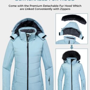 Skieer Women's Ski Jacket Waterproof Windproof Snowboard Coat with Removable Faux Fur Hood(Blue,Small)