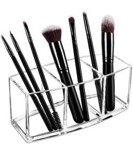 syntus makeup brush holder organizer, acrylic 3 slot large capacity cosmetic brushes storage box, clear