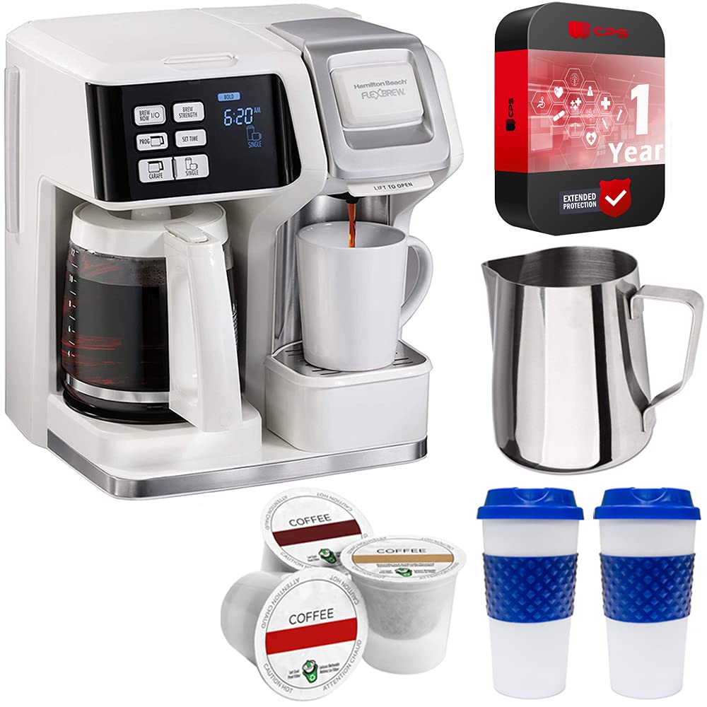 Hamilton Beach 49947 FlexBrew 2 Way Coffee Maker Single-Serve or 12 Cup Pot, White Bundle with 1 YR CPS Protection Pack, 3x Single-Serve Cups, Milk Frothing Pitcher, 2x Reusable 16oz To Go Mug