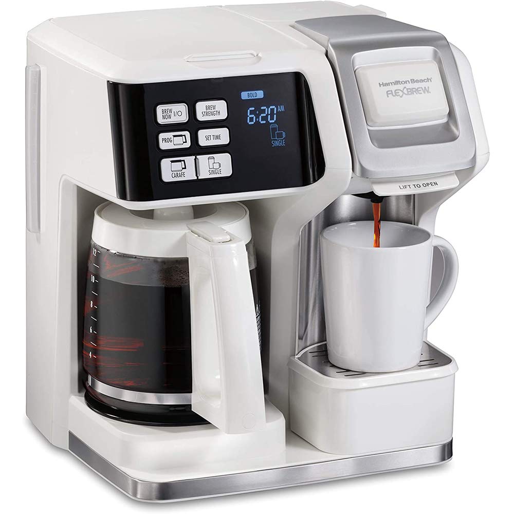 Hamilton Beach 49947 FlexBrew 2 Way Coffee Maker Single-Serve or 12 Cup Pot, White Bundle with 1 YR CPS Protection Pack, 3x Single-Serve Cups, Milk Frothing Pitcher, 2x Reusable 16oz To Go Mug