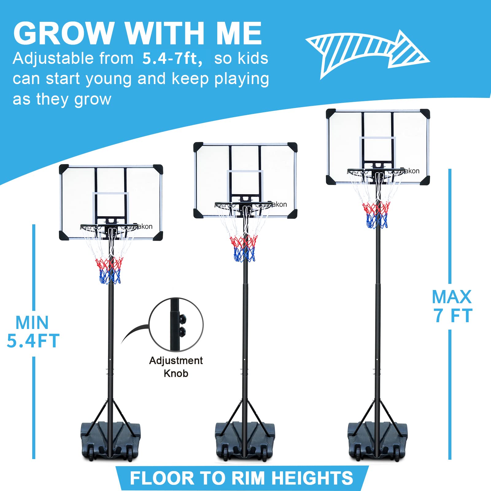 Rakon Portable Basketball Hoop Height Adjustable 5.4ft-7ft Basketball Stand Backboard System for Both Youth and Adults