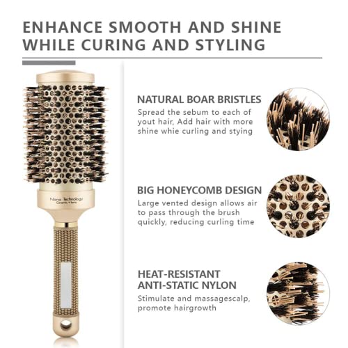 Round Brush for Blow Drying, Hair Brush With Boar Bristle, Nano Thermal Ceramic Barrel Ionic Tech Hair Brush, for Styling,Curling and Straightening