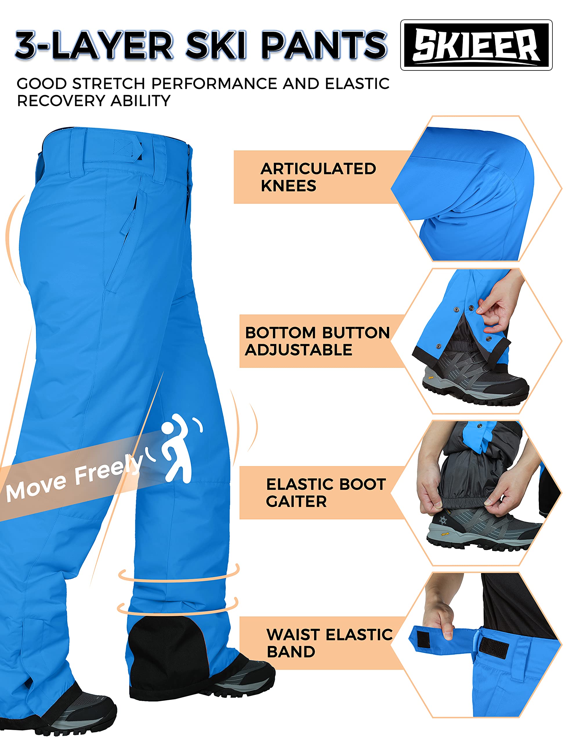 Skieer Men's Mountain Ski Pants Waterproof Insulated Warm Thickened Snow Pants(Black,Medium)