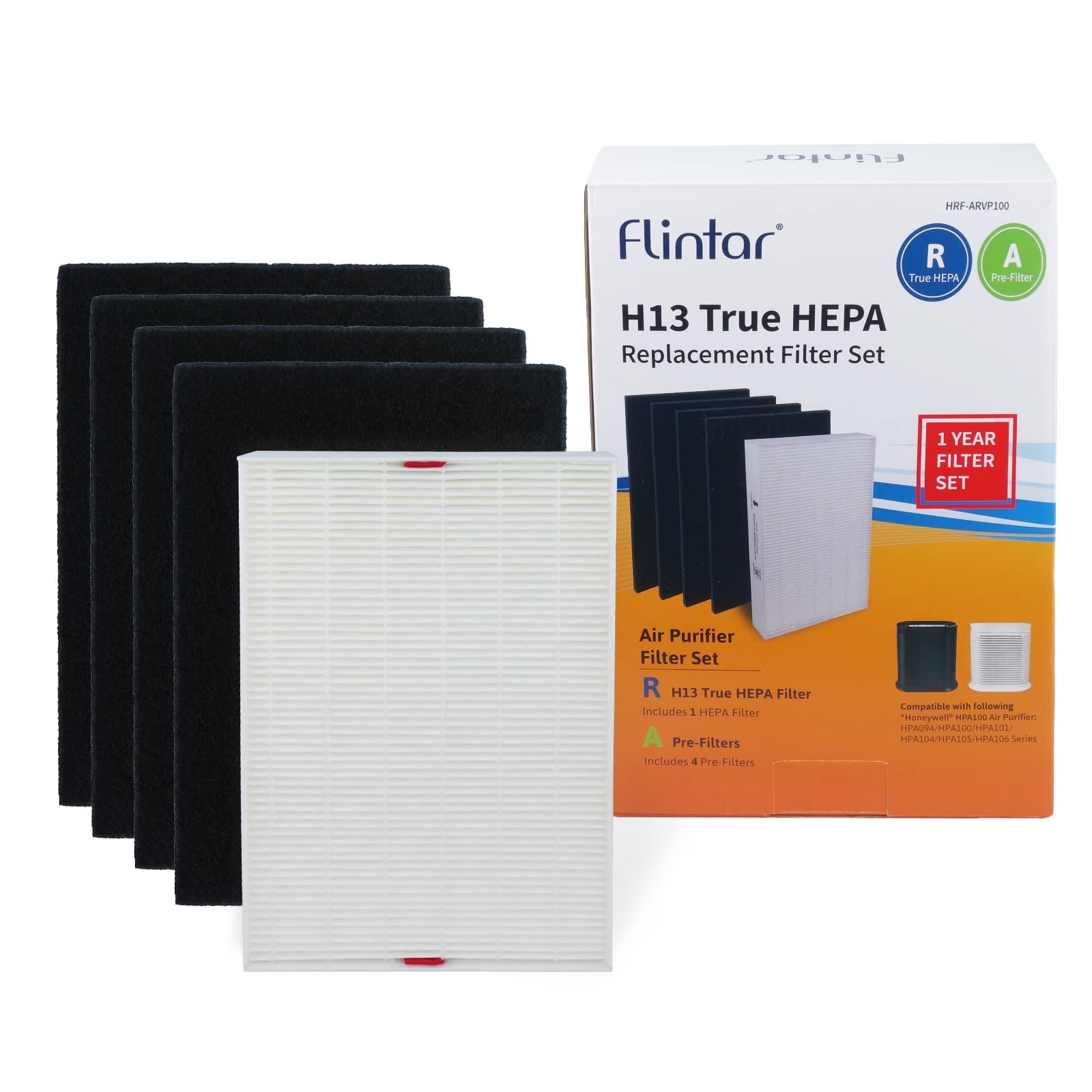 Flintar HPA100 H13 True HEPA Replacement Filter A/R Combo Pack, Compatible with Honeywell Air Purifier HPA100, HPA094, HPA3100, HPA5100 Series, True HEPA Filter R + 4 Pre-Cut Carbon Pre-Filter A