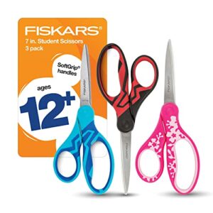 fiskars 7" softgrip student scissors for kids 12-14 (3-pack) - scissors for school or crafting - back to school supplies - black, pink, blue
