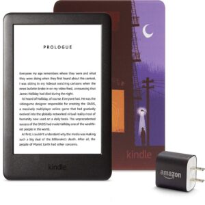 kindle essentials bundle including kindle, now with a built-in front light, amazon printed cover, and power adapter