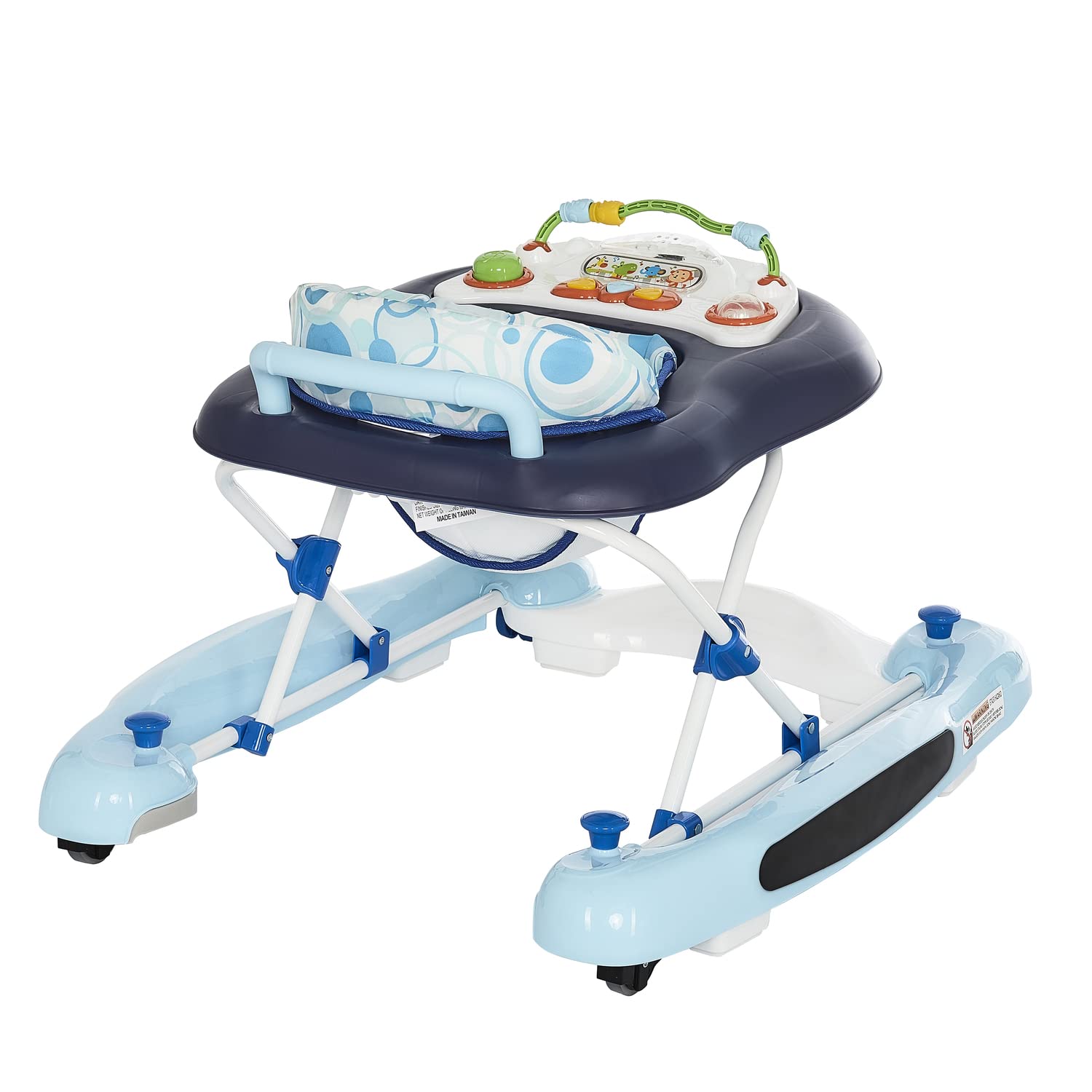 Dream On Me Go-Getter Baby Walker and Walk Behind Walker, Adjustable Seat Height, Comfortable Padded Seat, Easy to Fold, Pack and Store, Detachable Fun Tray, Blue