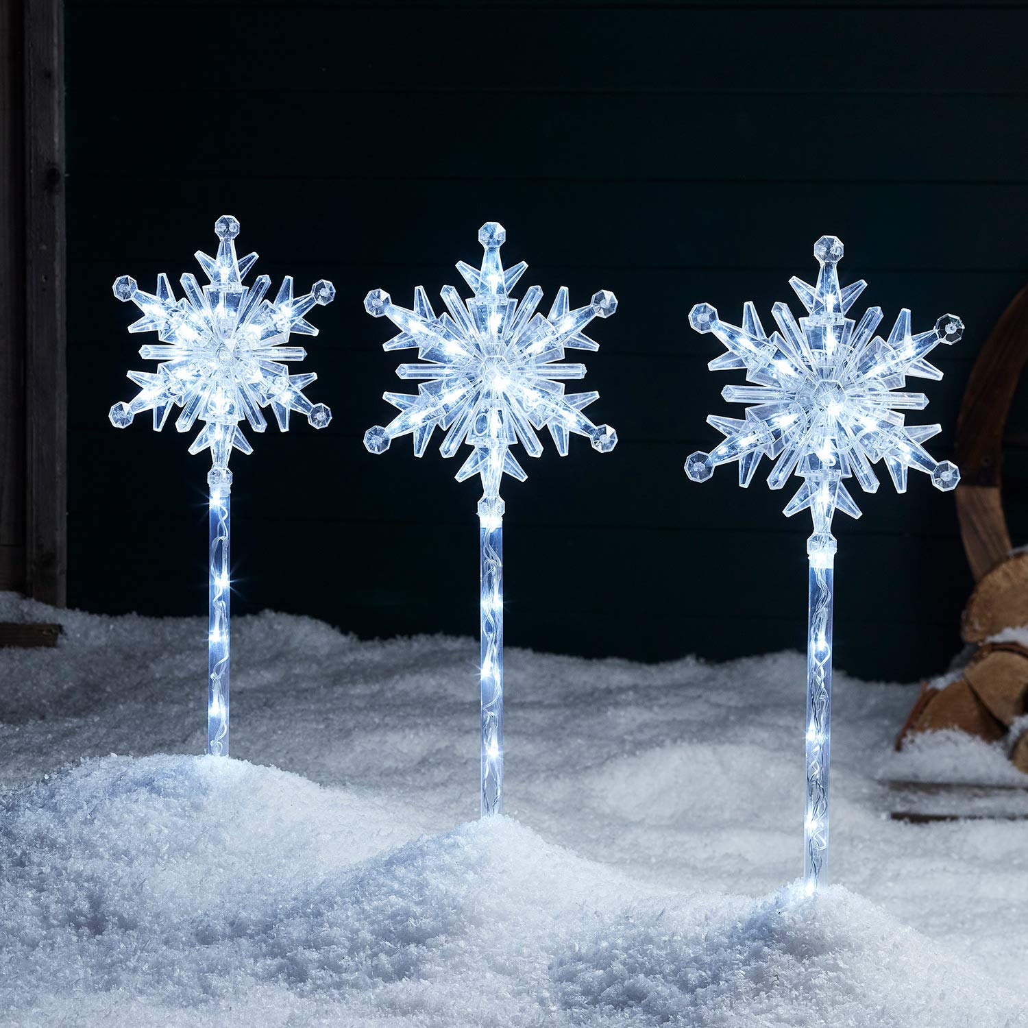 Lights4fun, Inc. Set of 3 Snowflake Cool White LED Outdoor Christmas Holiday Pathway Markers