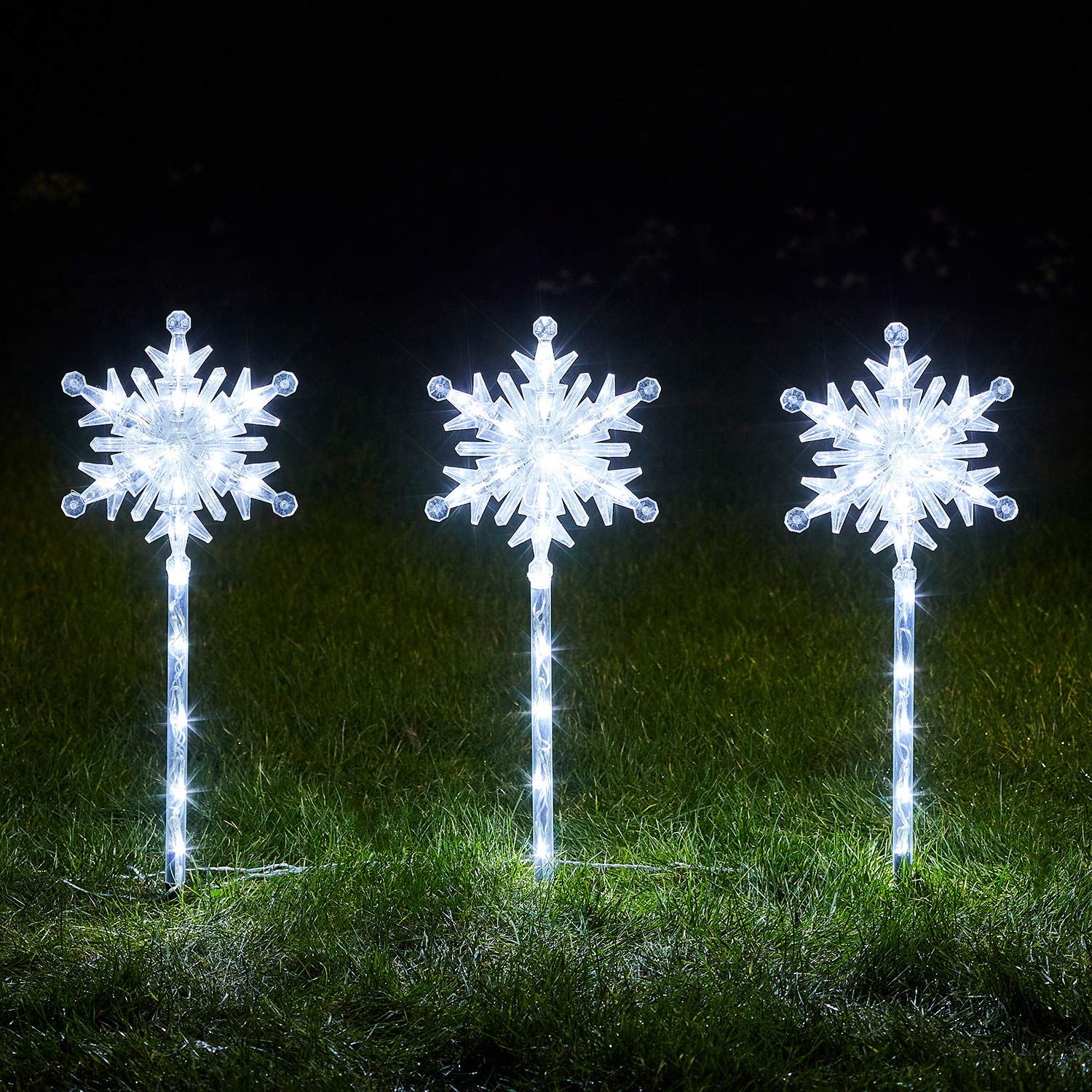 Lights4fun, Inc. Set of 3 Snowflake Cool White LED Outdoor Christmas Holiday Pathway Markers