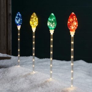 lights4fun, inc. set of 4 multi colored c9 light bulb outdoor christmas holiday pathway markers with micro leds
