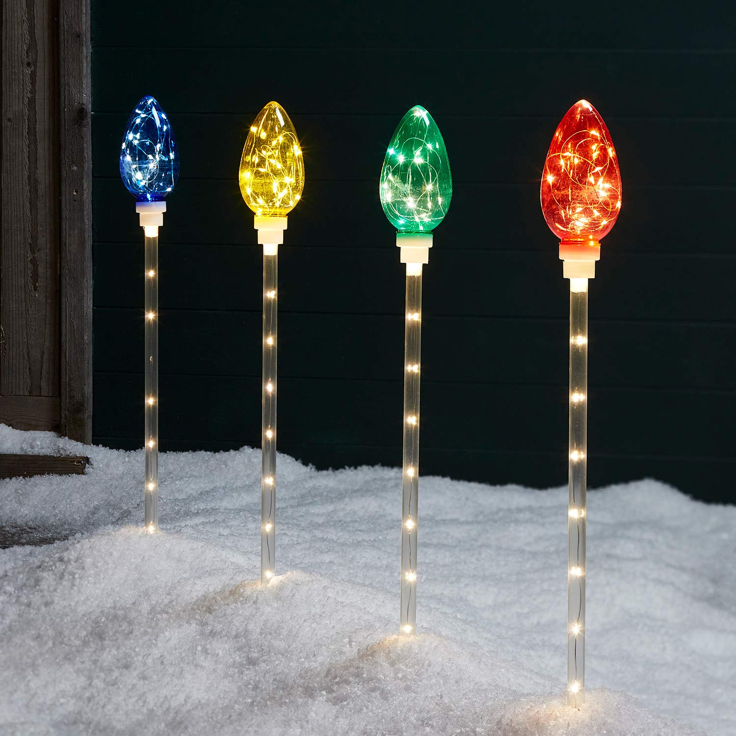 Lights4fun, Inc. Set of 4 Multi Colored C9 Light Bulb Outdoor Christmas Holiday Pathway Markers with Micro LEDs