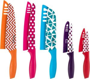 michelangelo kitchen knife set, 10 piece with nonstick colored coating, sharp stainless steel kitchen knife set, 5 patterned knives & 5 sheath covers