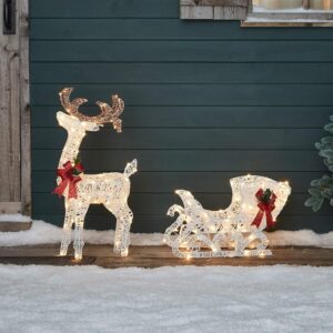 Lights4fun, Inc. 2ft Reindeer & Sleigh Pre-Lit LED Christmas Light Up Figures Decoration