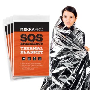 mekkapro emergency mylar thermal blankets (4-pack), copper orange, pocket sized for emergencies, camping, outdoors, hiking, survival, first aid