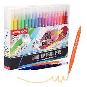 inoranges 36 colors dual tip pens set, art markers fine point journal pens & colored brush markers for kid adult coloring books drawing planner calendar art projects