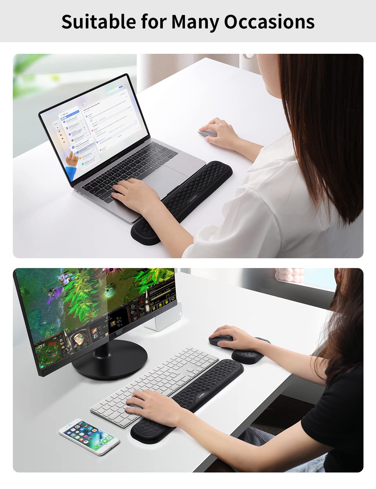 Vaydeer Wrist Rest for Keyboard and Mouse, Computer Ergonomic Wrist Support Pad, Soft Memory Foam Arm Cushion for Desk, Palm Hand Office Laptop Typing