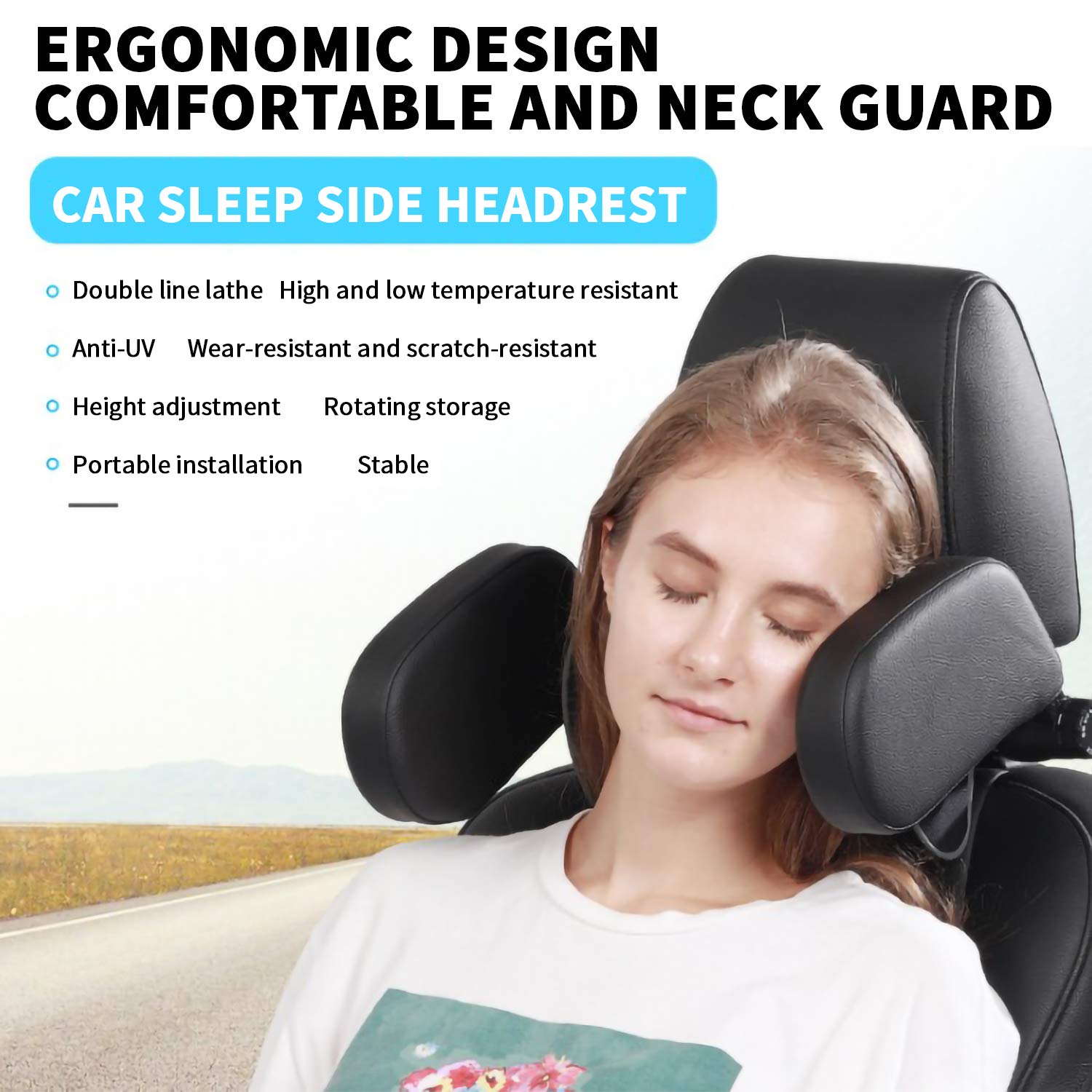 STYLOOC Car Seat Headrest Pillow, Car Seat Pillow Headrest Support Neck Pillow Head Protection Cervical Spine Adjustable on Both Sides Telescopic Version PU Leather Universal for Kids Adults Travel