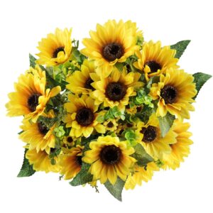 martine mall artificial sunflower bouquet 2 bunches silk sunflowers with stems leaves fake yellow sunflowers bundles for wedding bridal party garden home hotel decor