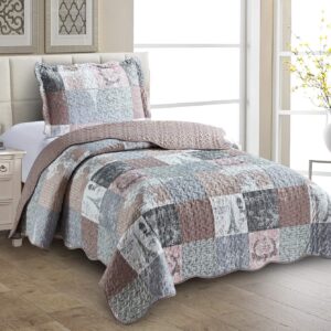 Brilliant Sunshine Latte Grey Paris and Toile Floral Patchwork, 2-Piece Quilt Set with 1 Sham, Reversible Bedspread, Soft Lightweight Coverlet, All-Season, Twin, Latte Grey