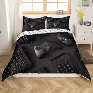 Modern Gamepad Bedding Set, Boys Youth Video Game Controller Mouse Keyboard Headphone Gaming Equipment Comforter Cover, Decorative 3 Piece Duvet Cover With 2 Pillow Shams, Queen Size, Red Black White