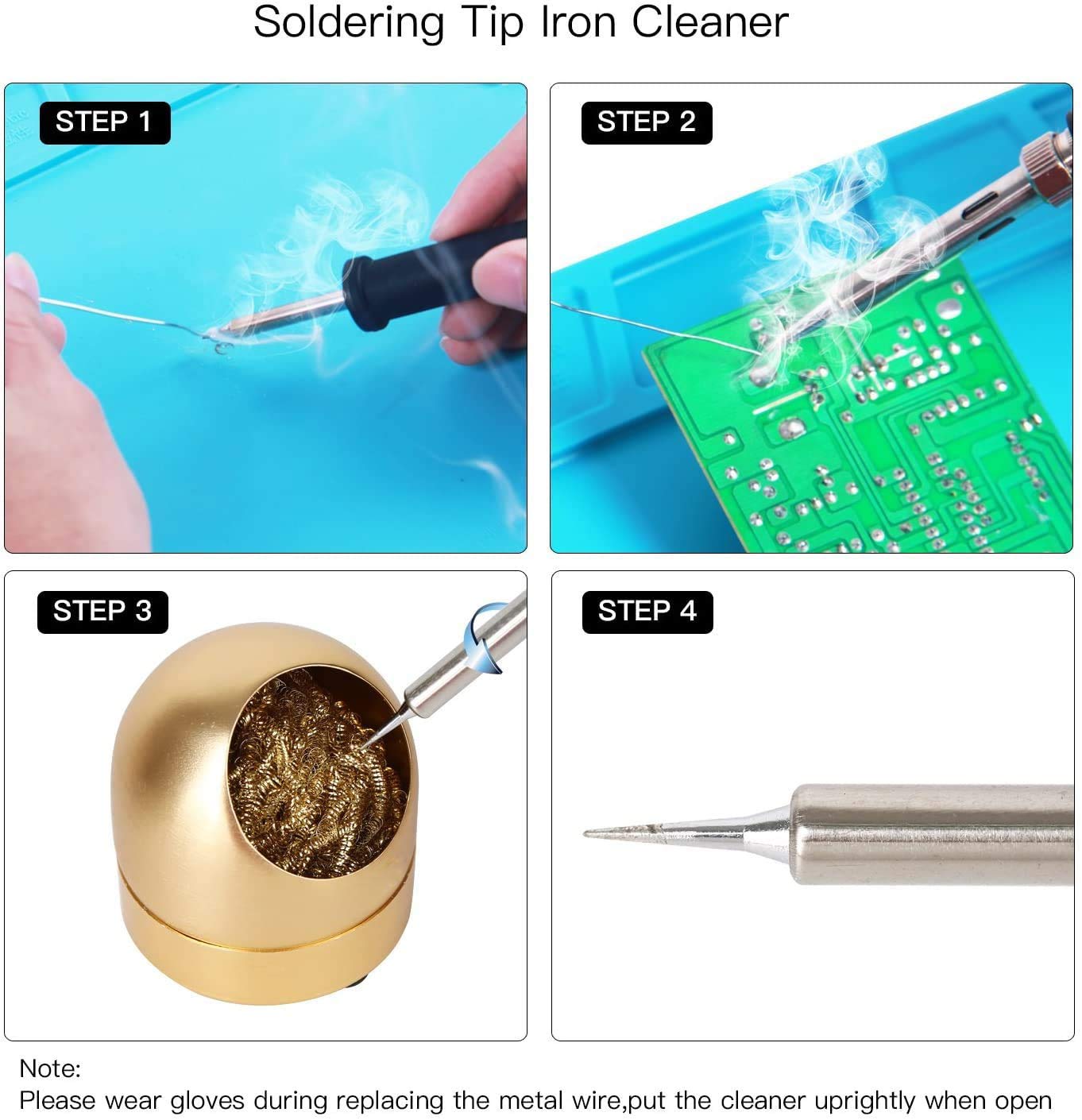 MEKNIC Solder Tip Cleaner Soldering Ion Tip Cleaning Wire and Holder Coiled Brass Sponge Tip Cleaner Kit with 7 PCS Solder Tip Cleaning Wire and 1 PC Holder for Cleaning Soldering Irons and Tips