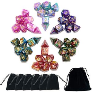 smartdealspro 6 x 7 sets (42 pcs) glitter polyhedral dice sets with pouches for dnd rpg mtg dungeon and dragons table board roll playing games d4 d8 d10 d12 d20 (6 sets)
