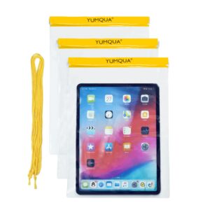 yumqua waterproof bags large size 3 pack, clear watertight pouch holder for document map camera mobile phone car key, fits kayaking boating hiking water sports, yellow