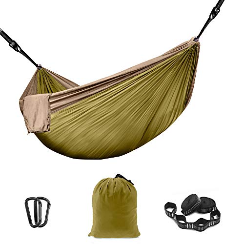 THREE VIKINGS Premium Camping Hammock with Tree Straps - Single and Double Person - Travel Backpacking Portable Outdoor Gear - Olive & Khaki - Double Person