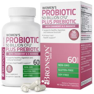 bronson women's probiotic 50 billion cfu + prebiotic with cranberry & d-mannose – vaginal health, healthy digestion, immune function and urinary tract support, non-gmo, 60 vegetarian capsules