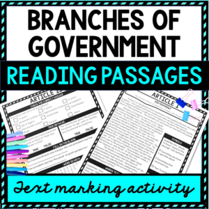 branches of government reading passages questions and text marking + word search