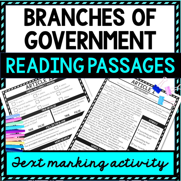 Branches of Government Reading Passages Questions and Text Marking + Word Search