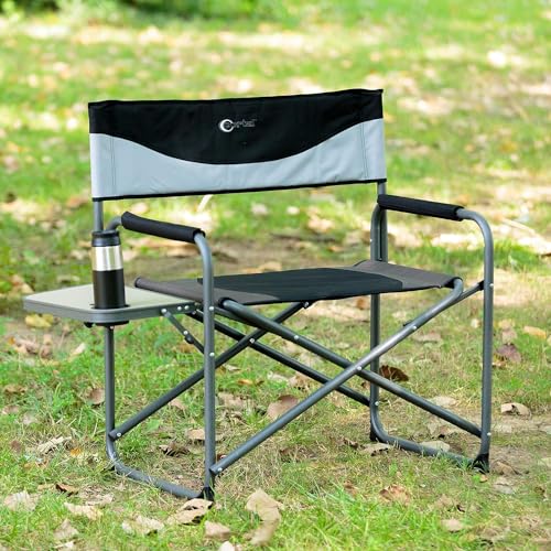 PORTAL 27.6 Inch Extra Wide Directors Foldable XXL Folding Chair with Side Table for Outdoors and Indoors, Heavy Duty Supports 600 LBS, Black/Grey