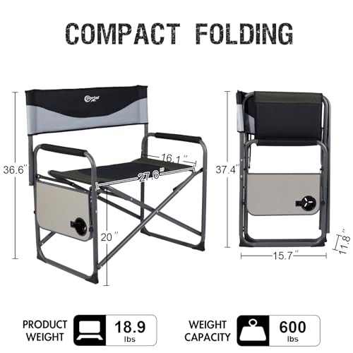 PORTAL 27.6 Inch Extra Wide Directors Foldable XXL Folding Chair with Side Table for Outdoors and Indoors, Heavy Duty Supports 600 LBS, Black/Grey