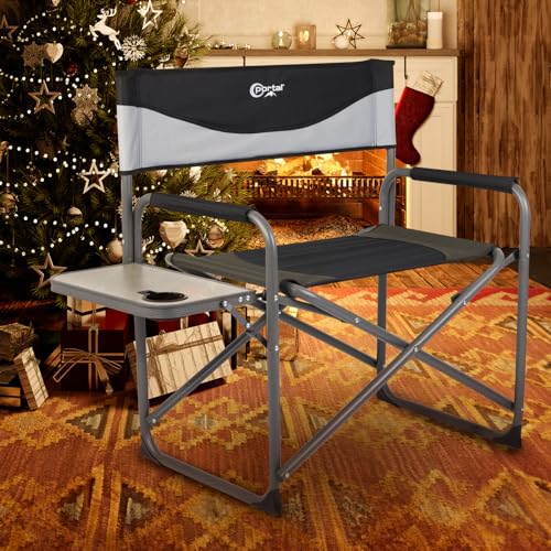 PORTAL 27.6 Inch Extra Wide Directors Foldable XXL Folding Chair with Side Table for Outdoors and Indoors, Heavy Duty Supports 600 LBS, Black/Grey