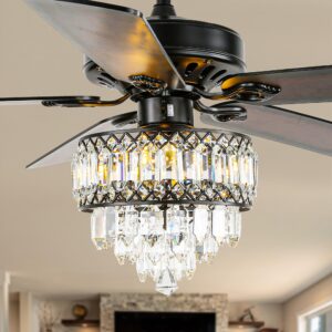 febfurniture 52" crystal ceiling fan fandelier with lights and remote control modern chandelier ceiling fan with reversible blades, silent motor, 3 speed, 4 timing options, chrome